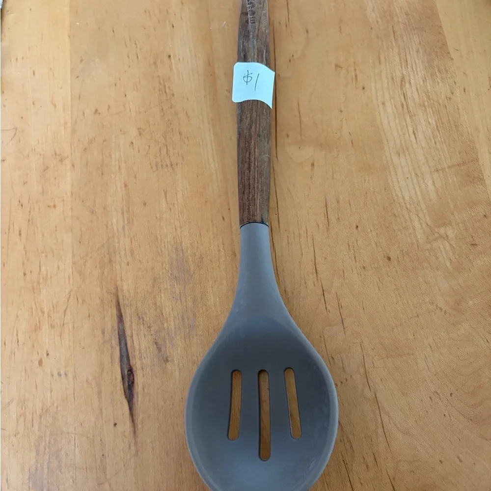 Mousco Gray Silicone Slotted Spoon with Wood Handle